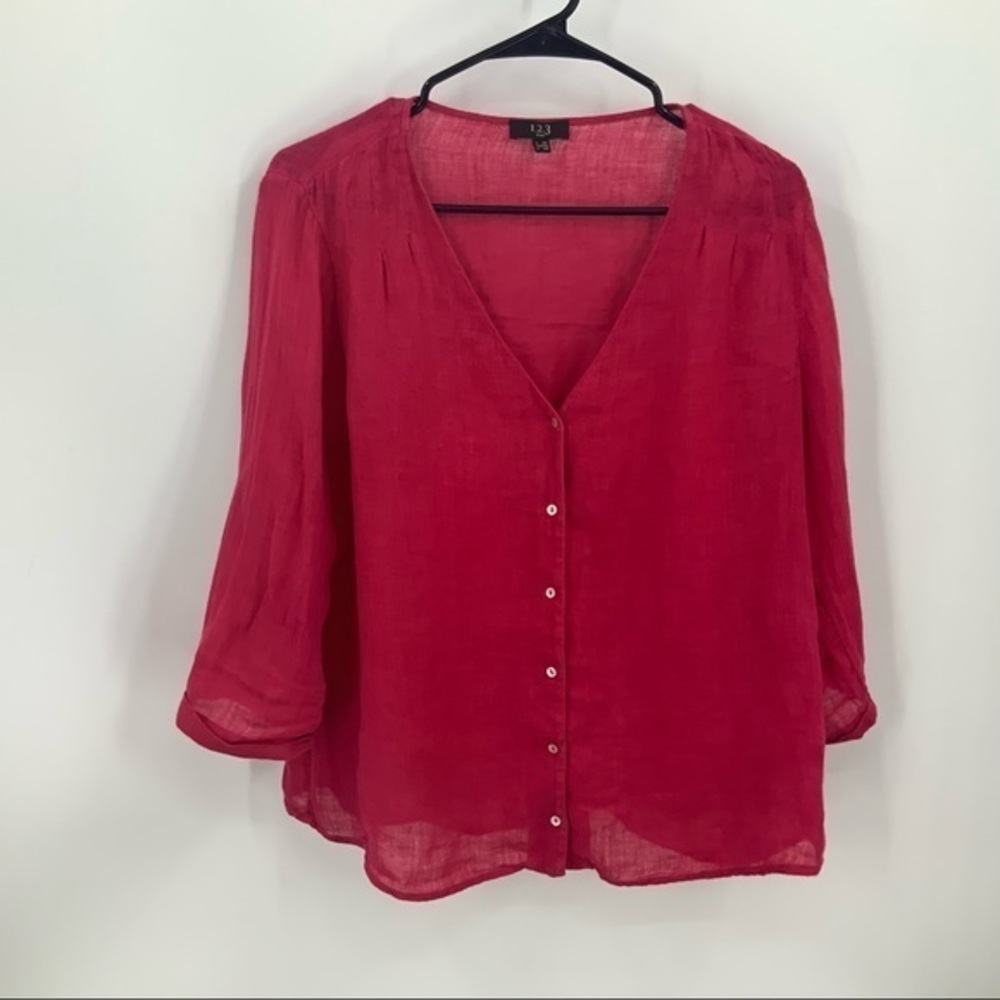123 Paris linen V-neck button front oversized Lagenlook top L